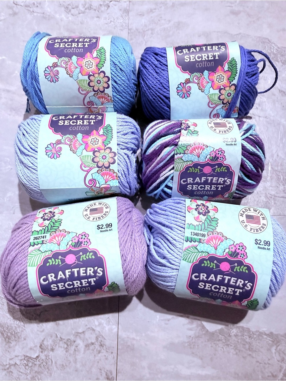 Lot of 6 Crafter's Secret Cotton Yarn - Purple & Blue Shades - Discontinued